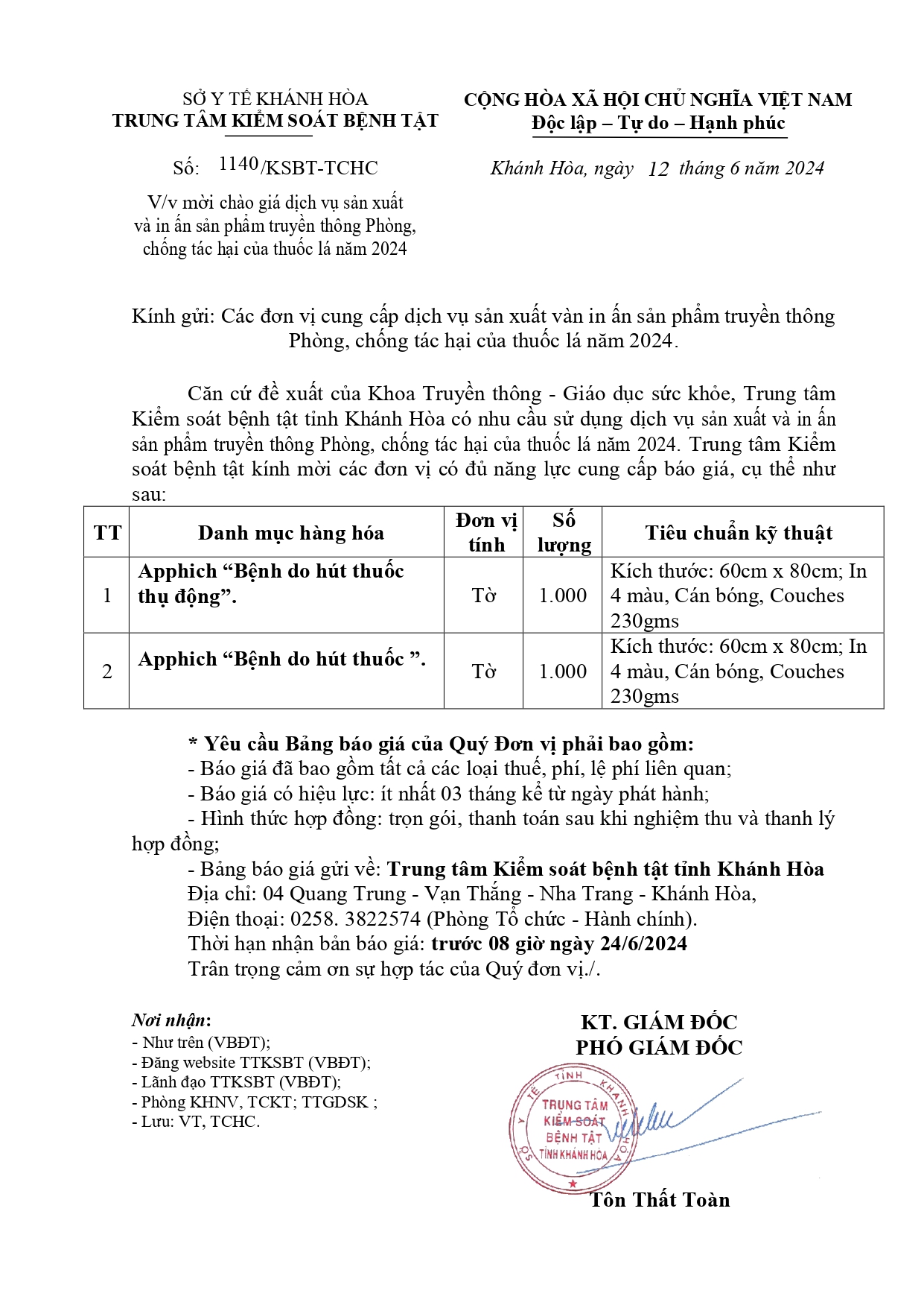 V/v mời chào giá dịch vụ sản xuất và in ấn sản phẩm truyền thông Phòng, chống tác hại của thuốc lá năm 2024